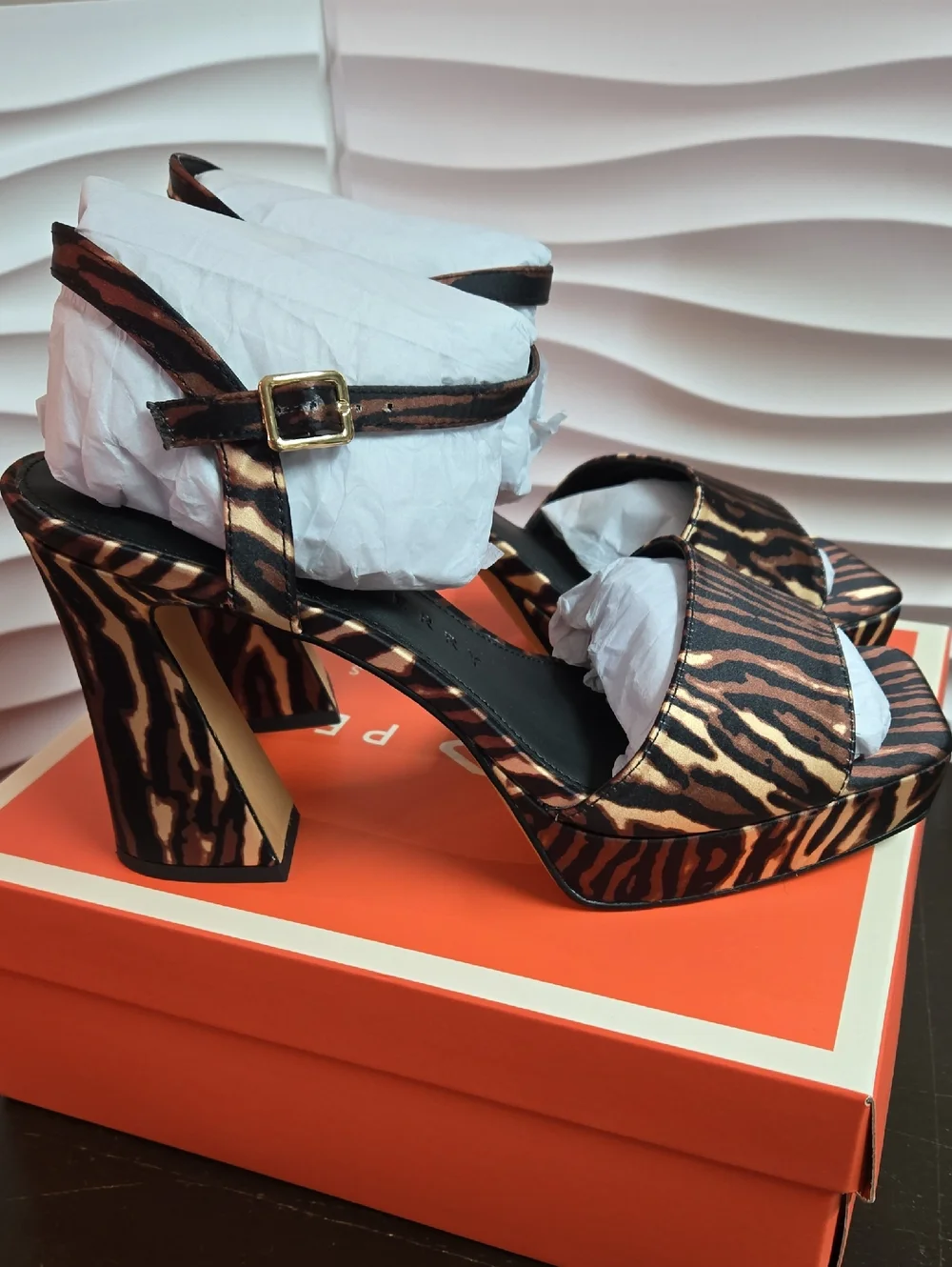 Katy Perry Collections The Square Open Sandal Liger Print Satin